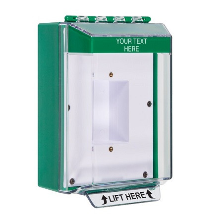 STI-14410CG STI Universal Stopper Low Profile Cover Enclosed Back Box, Sealed Mounting Plate and Hood - Custom Label - Green - Non-Returnable