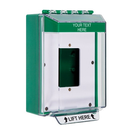 STI-14510CG STI Universal Stopper Low Profile Cover Enclosed Back Box, Open Mounting Plate and Hood - Custom Label - Green - Non-Returnable