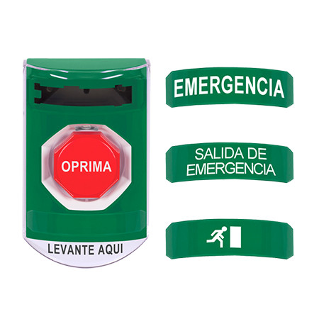 CP-SS13-ES STI 3-in-1 Stopper Station Kit - Green - Indoor Cover - Key-to-Reset/Turn-to-Reset/Momentary with EMERGENCY EXIT, EMERGENCY, and Man Leaving Icon Label Spanish
