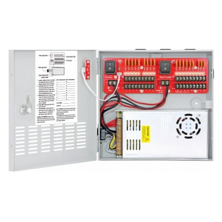 PC-U1820-PULQ 18 Channel PTC Fuse 20 Amp 12VDC Switching CCTV Power Supply in UL Listed Indoor 10 5/16" W x 10" H x 3 1/8" D Steel Electrical Enclosure