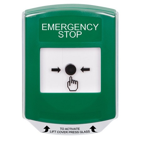 GLR121ES-EN STI Green Indoor Only Shield Key-to-Reset Push Button with EMERGENCY STOP Label English