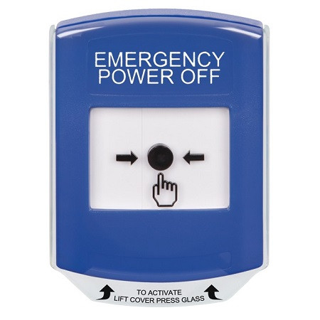 GLR421PO-EN STI Blue Indoor Only Shield Key-to-Reset Push Button with EMERGENCY POWER OFF Label English