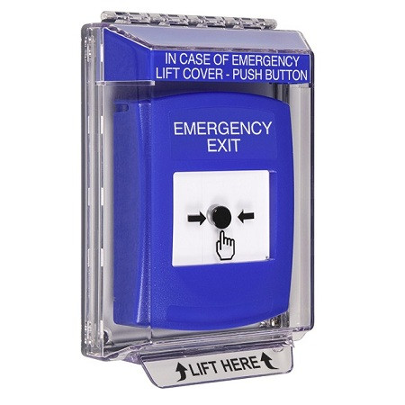 GLR441EX-EN STI Blue Indoor/Outdoor Low Profile Flush Mount w/ Sound Key-to-Reset Push Button with EMERGENCY EXIT Label English