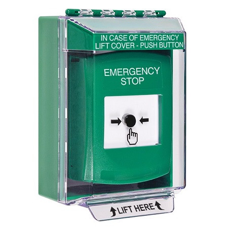 GLR171ES-EN STI Green Indoor/Outdoor Low Profile Surface Mount Key-to-Reset Push Button with EMERGENCY STOP Label English