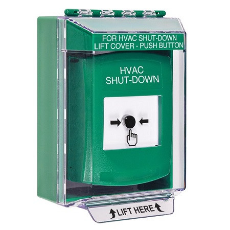 GLR181HV-EN STI Green Indoor/Outdoor Low Profile Surface Mount w/ Sound Key-to-Reset Push Button with HVAC SHUT-DOWN Label English