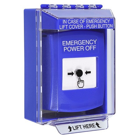 GLR481PO-EN STI Blue Indoor/Outdoor Low Profile Surface Mount w/ Sound Key-to-Reset Push Button with EMERGENCY POWER OFF Label English