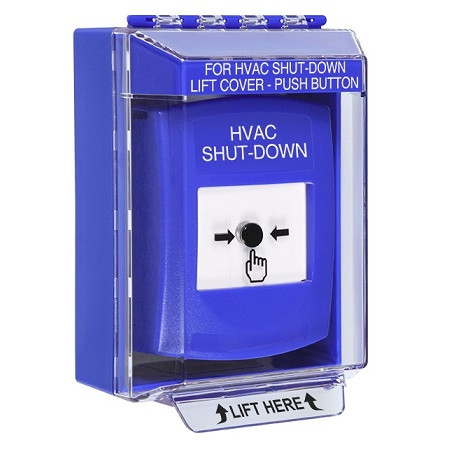 GLR481HV-EN STI Blue Indoor/Outdoor Low Profile Surface Mount w/ Sound Key-to-Reset Push Button with HVAC SHUT-DOWN Label English