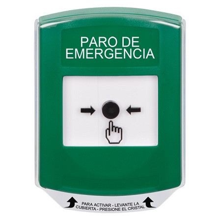 GLR121ES-ES STI Green Indoor Only Shield Key-to-Reset Push Button with EMERGENCY STOP Label Spanish