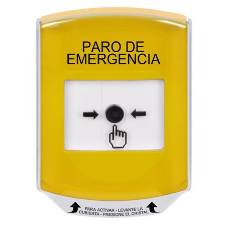 GLR221ES-ES STI Yellow Indoor Only Shield Key-to-Reset Push Button with EMERGENCY STOP Label Spanish