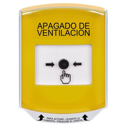 GLR221HV-ES STI Yellow Indoor Only Shield Key-to-Reset Push Button with HVAC SHUT-DOWN Label Spanish