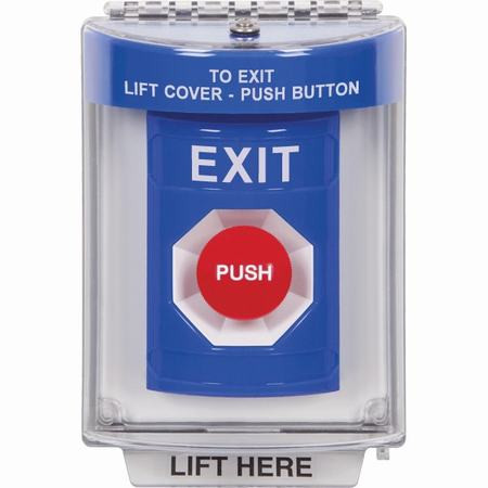 SS2434XT-EN STI Blue Indoor/Outdoor Flush Momentary Stopper Station with EXIT Label English
