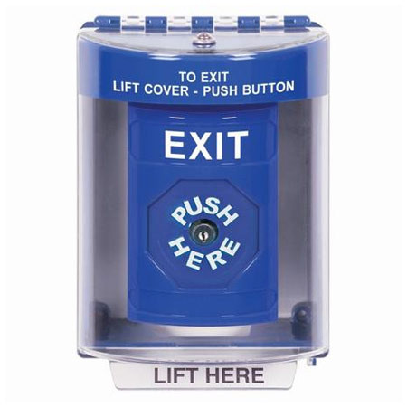 SS2470XT-EN STI Blue Indoor/Outdoor Surface Key-to-Reset Stopper Station with EXIT Label English