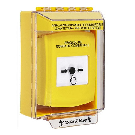 GLR271PS-ES STI Yellow Indoor/Outdoor Low Profile Surface Mount Key-to-Reset Push Button with FUEL PUMP SHUT-DOWN Label Spanish