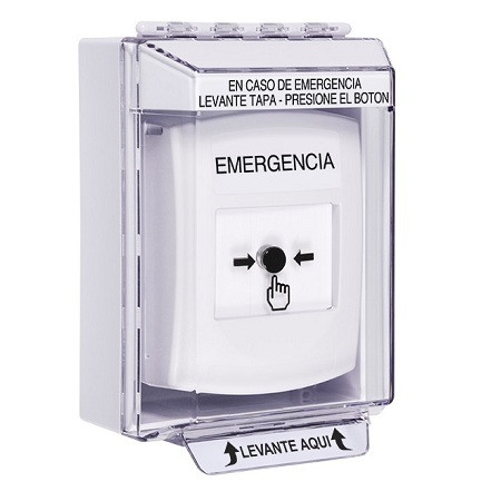 GLR371EM-ES STI White Indoor/Outdoor Low Profile Surface Mount Key-to-Reset Push Button with EMERGENCY Label Spanish