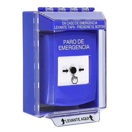 GLR481ES-ES STI Blue Indoor/Outdoor Low Profile Surface Mount w/ Sound Key-to-Reset Push Button with EMERGENCY STOP Label Spanish