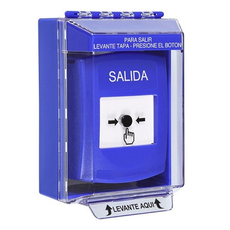 GLR471XT-ES STI Blue Indoor/Outdoor Low Profile Surface Mount Key-to-Reset Push Button with EXIT Label Spanish