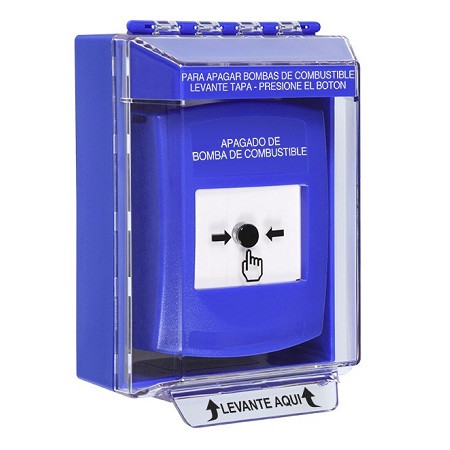 GLR471PS-ES STI Blue Indoor/Outdoor Low Profile Surface Mount Key-to-Reset Push Button with FUEL PUMP SHUT-DOWN Label Spanish