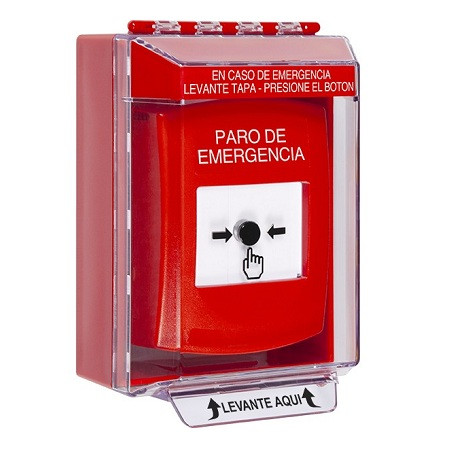 GLR081ES-ES STI Red Indoor/Outdoor Low Profile Surface Mount w/ Sound Key-to-Reset Push Button with EMERGENCY STOP Label Spanish