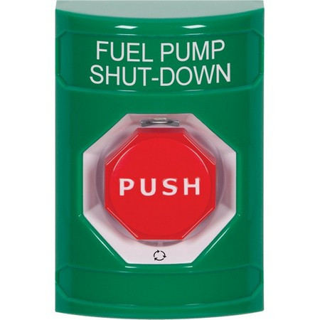 SS2109PS-EN STI Green No Cover Turn-to-Reset (Illuminated) Stopper Station with FUEL PUMP SHUT DOWN Label English