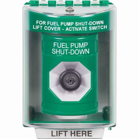 SS2173PS-EN STI Green Indoor/Outdoor Surface Key-to-Activate Stopper Station with FUEL PUMP SHUT DOWN Label English