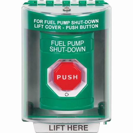 SS2179PS-EN STI Green Indoor/Outdoor Surface Turn-to-Reset (Illuminated) Stopper Station with FUEL PUMP SHUT DOWN Label English