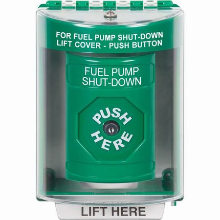SS2180PS-EN STI Green Indoor/Outdoor Surface w/ Horn Key-to-Reset Stopper Station with FUEL PUMP SHUT DOWN Label English