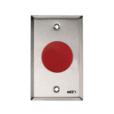 908-RB-MO x 32D Dormakaba RCI Blank Symbol Momentary Action Mushroom Button - Brushed Stainless Steel Faceplate - Blank Red Cap