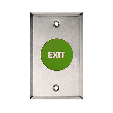 908-GE-MO x 32D Dormakaba RCI Exit Symbol Momentary Action Mushroom Button - Brushed Stainless Steel Faceplate - Green Cap