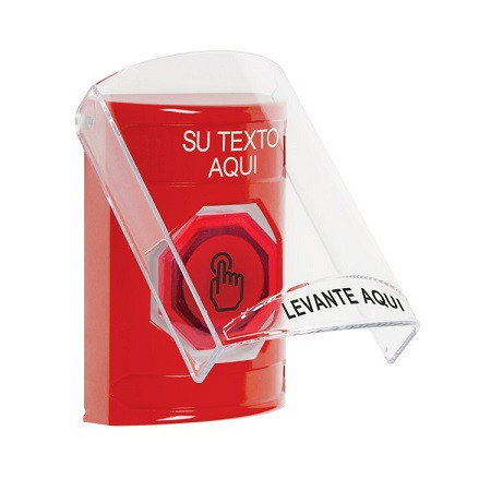 SS20A7ZA-ES STI Red Indoor Only Flush or Surface w/ Horn Weather Resistant Momentary (Illuminated) with Red Lens Stopper Station with Non-Returnable Custom Text Label Spanish