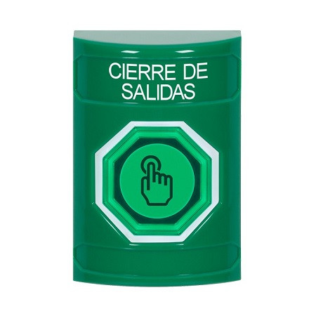 SS2107LD-ES STI Green No Cover Weather Resistant Momentary (Illuminated) with Green Lens Stopper Station with LOCKDOWN Label Spanish