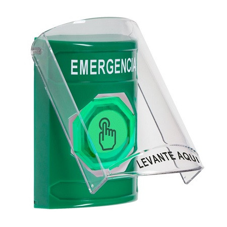 SS2127EM-ES STI Green Indoor Only Flush or Surface Weather Resistant Momentary (Illuminated) with Green Lens Stopper Station with EMERGENCY Label Spanish