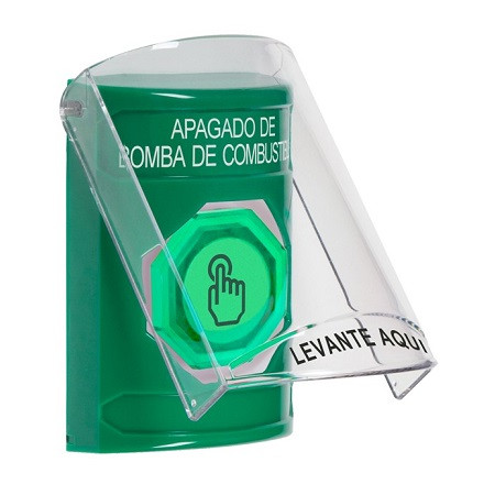 SS2127PS-ES STI Green Indoor Only Flush or Surface Weather Resistant Momentary (Illuminated) with Green Lens Stopper Station with FUEL PUMP SHUT DOWN Label Spanish