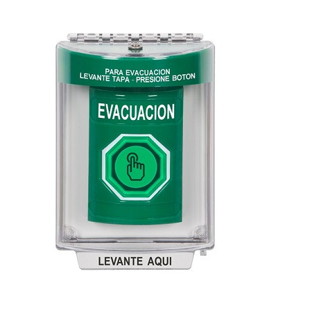 SS2136EV-ES STI Green Indoor/Outdoor Flush Momentary (Illuminated) with Green Lens Stopper Station with EVACUATION Label Spanish