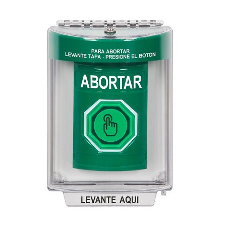 SS2137AB-ES STI Green Indoor/Outdoor Flush Weather Resistant Momentary (Illuminated) with Green Lens Stopper Station with ABORT Label Spanish