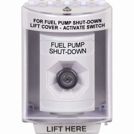 SS2383PS-EN STI White Indoor/Outdoor Surface w/ Horn Key-to-Activate Stopper Station with FUEL PUMP SHUT DOWN Label English
