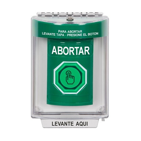 SS2147AB-ES STI Green Indoor/Outdoor Flush w/ Horn Weather Resistant Momentary (Illuminated) with Green Lens Stopper Station with ABORT Label Spanish