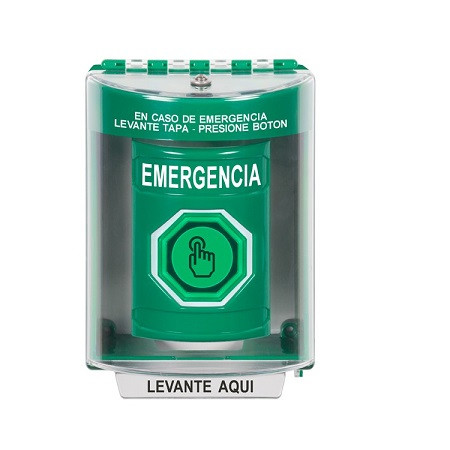 SS2176EM-ES STI Green Indoor/Outdoor Surface Momentary (Illuminated) with Green Lens Stopper Station with EMERGENCY Label Spanish