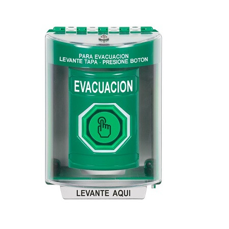 SS2176EV-ES STI Green Indoor/Outdoor Surface Momentary (Illuminated) with Green Lens Stopper Station with EVACUATION Label Spanish