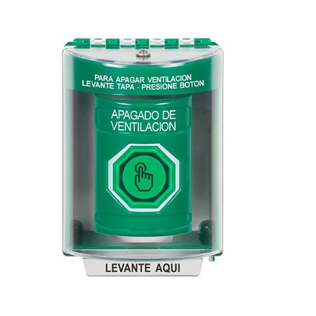 SS2176HV-ES STI Green Indoor/Outdoor Surface Momentary (Illuminated) with Green Lens Stopper Station with HVAC SHUT DOWN Label Spanish