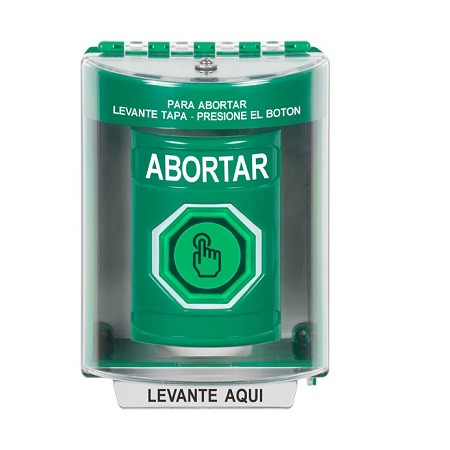 SS2177AB-ES STI Green Indoor/Outdoor Surface Weather Resistant Momentary (Illuminated) with Green Lens Stopper Station with ABORT Label Spanish