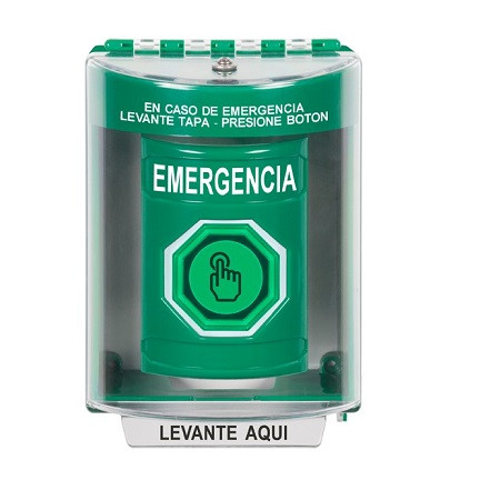 SS2177EM-ES STI Green Indoor/Outdoor Surface Weather Resistant Momentary (Illuminated) with Green Lens Stopper Station with EMERGENCY Label Spanish