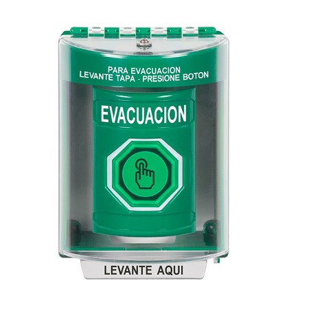 SS2177EV-ES STI Green Indoor/Outdoor Surface Weather Resistant Momentary (Illuminated) with Green Lens Stopper Station with EVACUATION Label Spanish