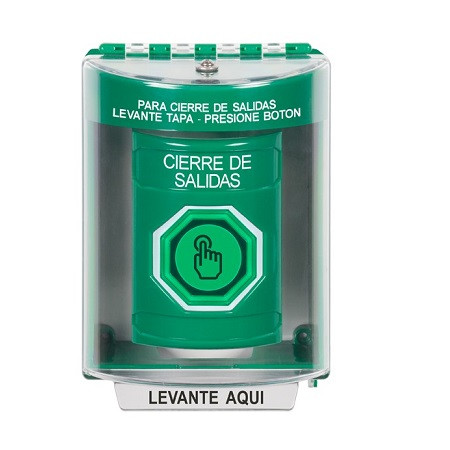 SS2177LD-ES STI Green Indoor/Outdoor Surface Weather Resistant Momentary (Illuminated) with Green Lens Stopper Station with LOCKDOWN Label Spanish