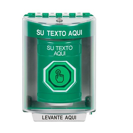 SS2177ZA-ES STI Green Indoor/Outdoor Surface Weather Resistant Momentary (Illuminated) with Green Lens Stopper Station with Non-Returnable Custom Text Label Spanish