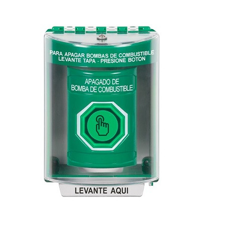 SS2186PS-ES STI Green Indoor/Outdoor Surface w/ Horn Momentary (Illuminated) with Green Lens Stopper Station with FUEL PUMP SHUT DOWN Label Spanish