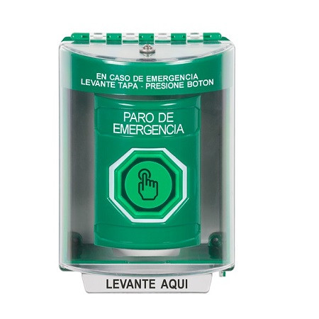SS2187ES-ES STI Green Indoor/Outdoor Surface w/ Horn Weather Resistant Momentary (Illuminated) with Green Lens Stopper Station with EMERGENCY STOP Label Spanish