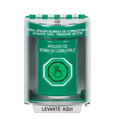SS2187PS-ES STI Green Indoor/Outdoor Surface w/ Horn Weather Resistant Momentary (Illuminated) with Green Lens Stopper Station with FUEL PUMP SHUT DOWN Label Spanish