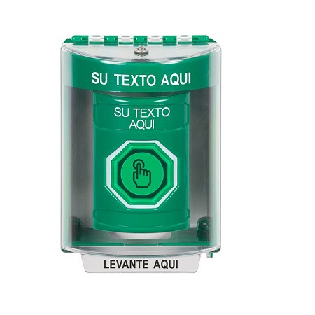 SS2187ZA-ES STI Green Indoor/Outdoor Surface w/ Horn Weather Resistant Momentary (Illuminated) with Green Lens Stopper Station with Non-Returnable Custom Text Label Spanish