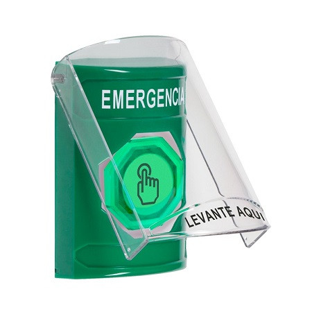 SS21A6EM-ES STI Green Indoor Only Flush or Surface w/ Horn Momentary (Illuminated) with Green Lens Stopper Station with EMERGENCY Label Spanish
