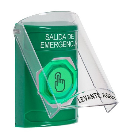 SS21A6EX-ES STI Green Indoor Only Flush or Surface w/ Horn Momentary (Illuminated) with Green Lens Stopper Station with EMERGENCY EXIT Label Spanish